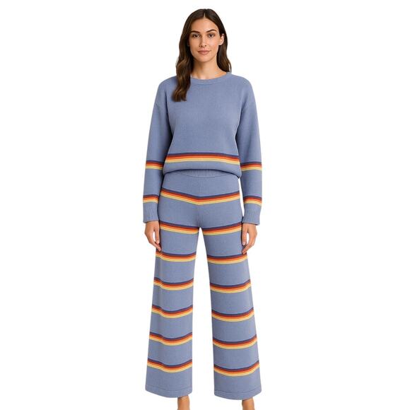 Lillusory Blue Striped Knit Long Sleeve Sweater Pants 2 Pc Lounge Set Size S - Picture 1 of 7